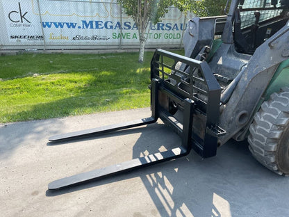 Heavy-duty skid steer pallet forks lifting a load

CNC carriage bar with quick attach mounting

Close-up of forks locked in carriage slots

Side step feature on fork frame

Variants of 48", 60", 72", and 96" forks shown on pallet