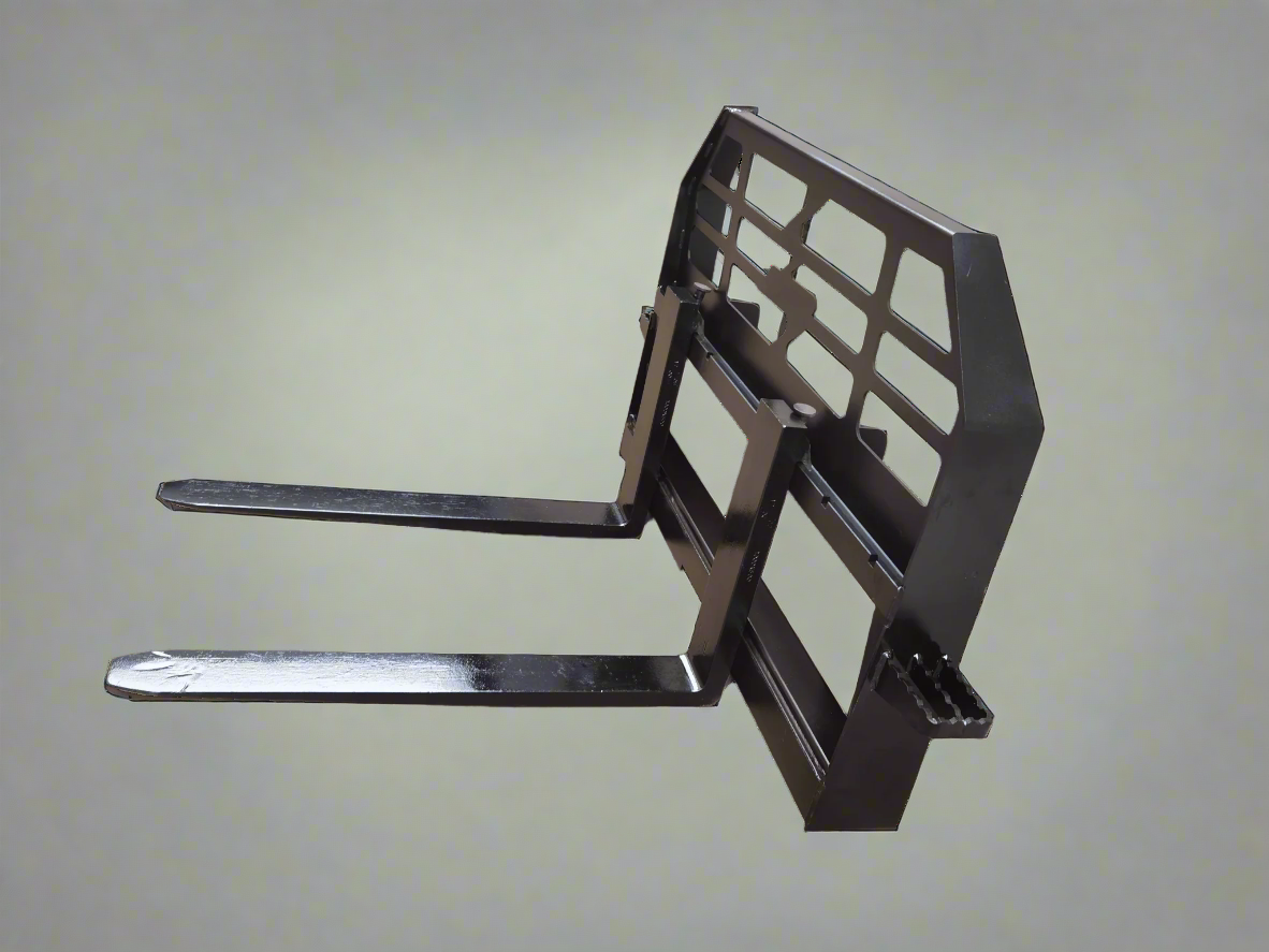 Heavy-duty skid steer pallet forks lifting a load

CNC carriage bar with quick attach mounting

Close-up of forks locked in carriage slots

Side step feature on fork frame

Variants of 48", 60", 72", and 96" forks shown on pallet