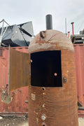 “7.5 ft tall steel garbage incinerator with vent stack”

“Industrial burn drum with hinged loading door”

“outdoor incinerator barrel for yard waste and brush”

“heavy-duty steel burn barrel for farm or construction”

“pre-weathered rust-patina waste disposal drum”

