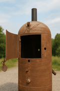 “7.5 ft tall steel garbage incinerator with vent stack”

“Industrial burn drum with hinged loading door”

“outdoor incinerator barrel for yard waste and brush”

“heavy-duty steel burn barrel for farm or construction”

“pre-weathered rust-patina waste disposal drum”

