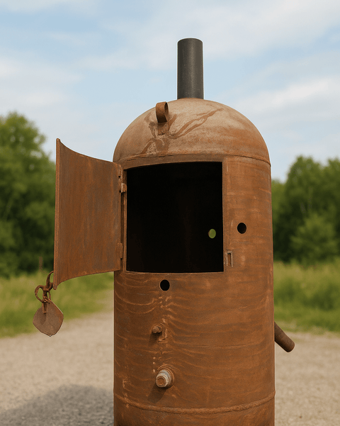 “7.5 ft tall steel garbage incinerator with vent stack”

“Industrial burn drum with hinged loading door”

“outdoor incinerator barrel for yard waste and brush”

“heavy-duty steel burn barrel for farm or construction”

“pre-weathered rust-patina waste disposal drum”

