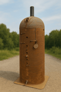 “7.5 ft tall steel garbage incinerator with vent stack”

“Industrial burn drum with hinged loading door”

“outdoor incinerator barrel for yard waste and brush”

“heavy-duty steel burn barrel for farm or construction”

“pre-weathered rust-patina waste disposal drum”

