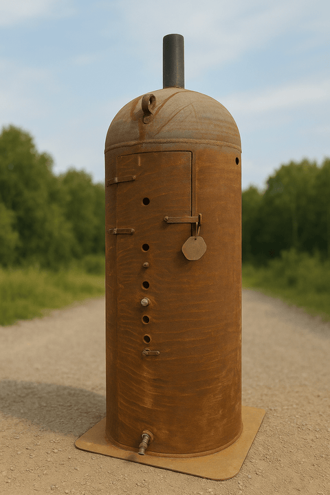 “7.5 ft tall steel garbage incinerator with vent stack”

“Industrial burn drum with hinged loading door”

“outdoor incinerator barrel for yard waste and brush”

“heavy-duty steel burn barrel for farm or construction”

“pre-weathered rust-patina waste disposal drum”

