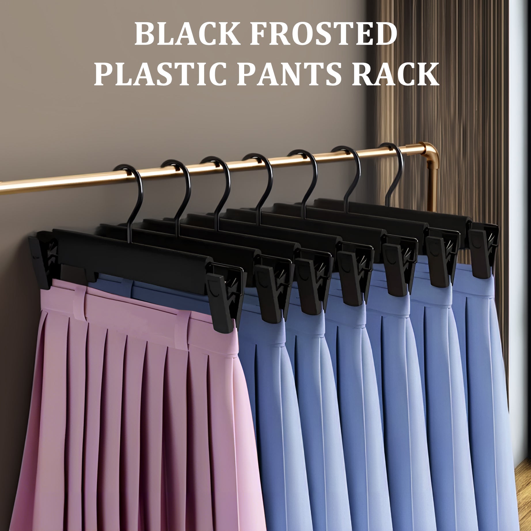 10-pack heavy-duty black clip hangers for pants and skirts
Non-slip vinyl clip steel hangers with swivel hooks
Durable trouser hangers space-saving design black color