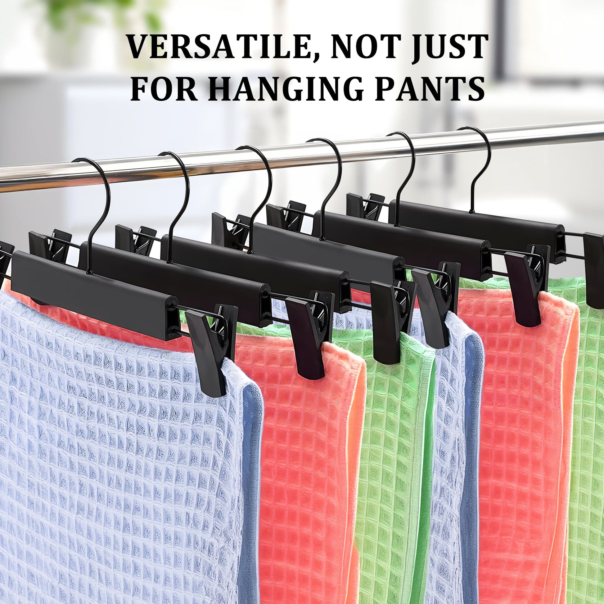 10-pack heavy-duty black clip hangers for pants and skirts
Non-slip vinyl clip steel hangers with swivel hooks
Durable trouser hangers space-saving design black color