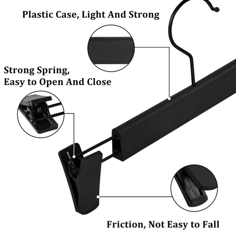 10-pack heavy-duty black clip hangers for pants and skirts
Non-slip vinyl clip steel hangers with swivel hooks
Durable trouser hangers space-saving design black color