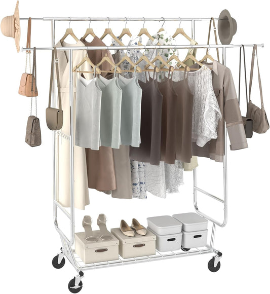 New Heavy Duty Double Rod Clothing Garment Rack – Rolling Adjustable Closet Organizer with Storage 600 lbs Capacity SKU AMCMR2992 - with | Sold by Uncle Wiener's Wholesale
