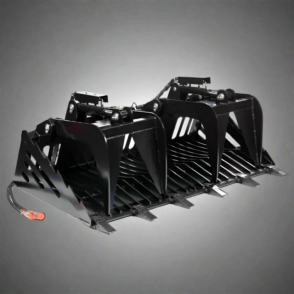 Skeleton grapple bucket with dual hydraulic arms

72-inch rock bucket with fine grade tine spacing

Skid steer rock rake attachment for sorting debris

Side view of grapple arms open and closed