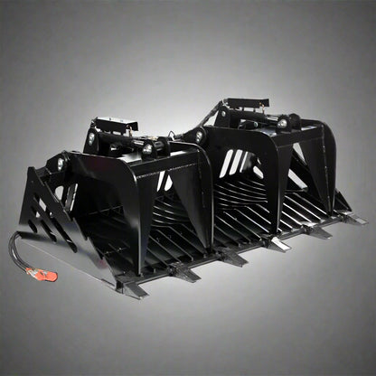 Skeleton grapple bucket with dual hydraulic arms

72-inch rock bucket with fine grade tine spacing

Skid steer rock rake attachment for sorting debris

Side view of grapple arms open and closed