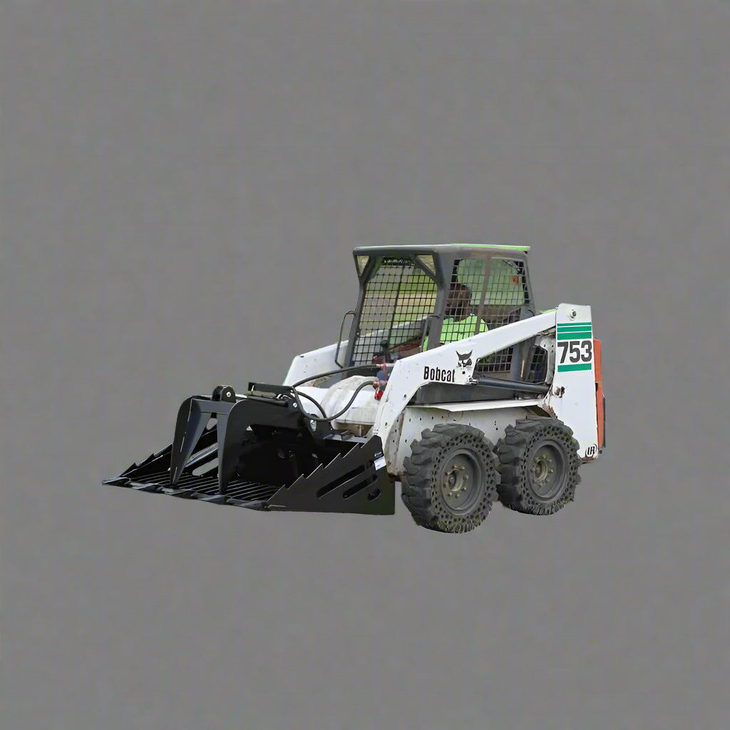 Skeleton grapple bucket with dual hydraulic arms

72-inch rock bucket with fine grade tine spacing

Skid steer rock rake attachment for sorting debris

Side view of grapple arms open and closed