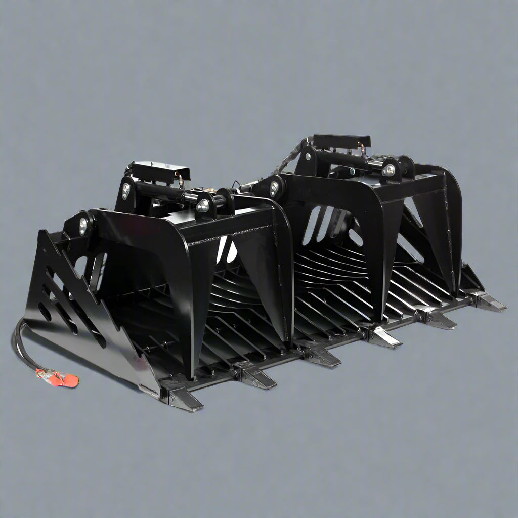 Skeleton grapple bucket with dual hydraulic arms

72-inch rock bucket with fine grade tine spacing

Skid steer rock rake attachment for sorting debris

Side view of grapple arms open and closed