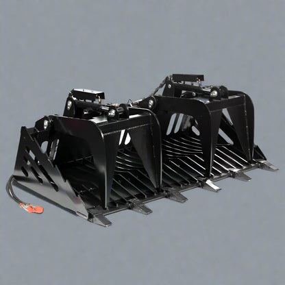 Skeleton grapple bucket with dual hydraulic arms

72-inch rock bucket with fine grade tine spacing

Skid steer rock rake attachment for sorting debris

Side view of grapple arms open and closed