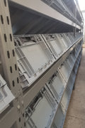SR81050 heavy-duty steel storage rack with slanted shelves
Industrial warehouse rack system with 4 bays
Slanted shelving system for commercial equipment storage
Close-up view of steel rack frame and shelf detail
High capacity industrial racking with powder-coated finish