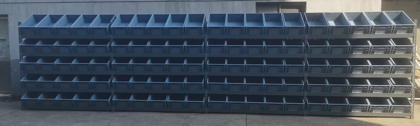 SR81050 heavy-duty steel storage rack with slanted shelves
Industrial warehouse rack system with 4 bays
Slanted shelving system for commercial equipment storage
Close-up view of steel rack frame and shelf detail
High capacity industrial racking with powder-coated finish