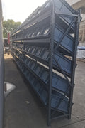 SR81050 heavy-duty steel storage rack with slanted shelves
Industrial warehouse rack system with 4 bays
Slanted shelving system for commercial equipment storage
Close-up view of steel rack frame and shelf detail
High capacity industrial racking with powder-coated finish
