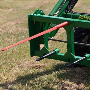 John Deere Quick Attach Bale Spear with 49-inch spear
Heavy-duty green hay fork with stabilizer spears
Tractor bale spear TH51240 for John Deere hook & pin systems
