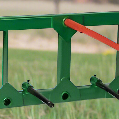 John Deere Quick Attach Bale Spear with 49-inch spear
Heavy-duty green hay fork with stabilizer spears
Tractor bale spear TH51240 for John Deere hook & pin systems
