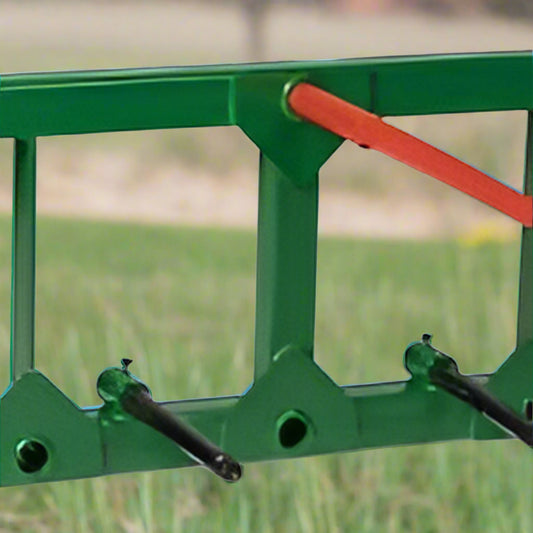 John Deere Quick Attach Bale Spear with 49-inch spear
Heavy-duty green hay fork with stabilizer spears
Tractor bale spear TH51240 for John Deere hook & pin systems