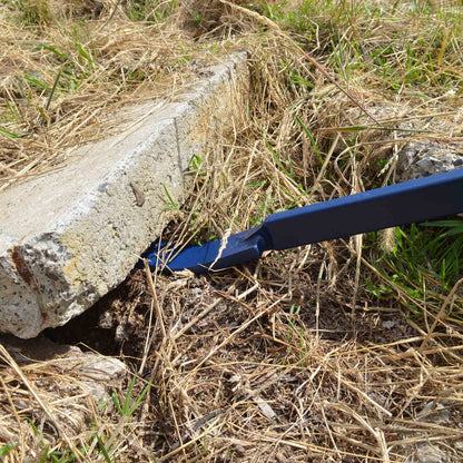 Heavy-duty 46-inch blue pry bar angled view

Pry bar in action pulling concrete formwork

Close-up of beveled tip and rubber handle

Construction site use of pry bar tool