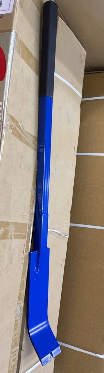 Heavy-duty 46-inch blue pry bar angled view

Pry bar in action pulling concrete formwork

Close-up of beveled tip and rubber handle

Construction site use of pry bar tool