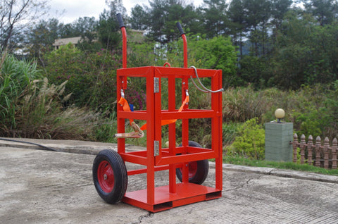 "Heavy-duty welding gas cylinder cart for oxygen and acetylene tanks"

"Dual tank red welding cart with hose storage and safety chains"

"Industrial gas cylinder trolley for safe cylinder transport"

