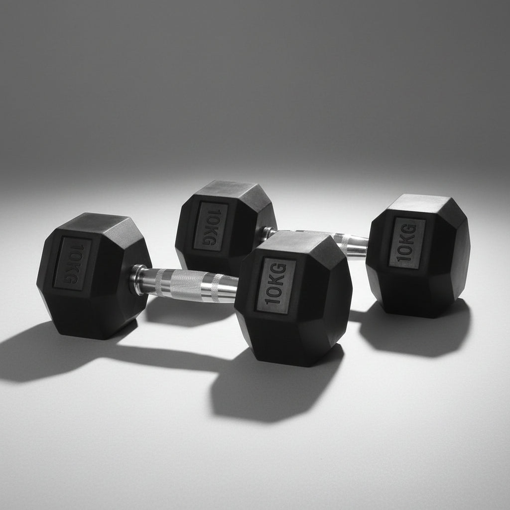 Rubber hex dumbbells set with chrome handle 5kg to 25kg
Hexagonal dumbbells for strength training home and gym
Anti-roll rubber dumbbell set black chrome grip
Home gym hex dumbbells lineup 5kg 10kg 15kg 20kg 25kg
Close-up ergonomic chrome handle on hex dumbbell