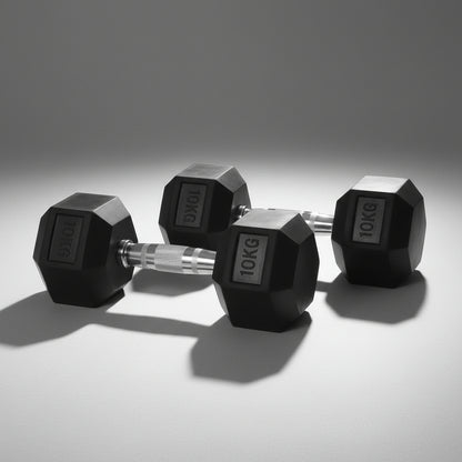Rubber hex dumbbells set with chrome handle 5kg to 25kg
Hexagonal dumbbells for strength training home and gym
Anti-roll rubber dumbbell set black chrome grip
Home gym hex dumbbells lineup 5kg 10kg 15kg 20kg 25kg
Close-up ergonomic chrome handle on hex dumbbell