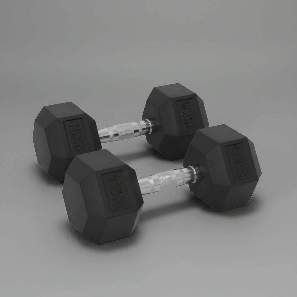 Rubber hex dumbbells set with chrome handle 5kg to 25kg
Hexagonal dumbbells for strength training home and gym
Anti-roll rubber dumbbell set black chrome grip
Home gym hex dumbbells lineup 5kg 10kg 15kg 20kg 25kg
Close-up ergonomic chrome handle on hex dumbbell