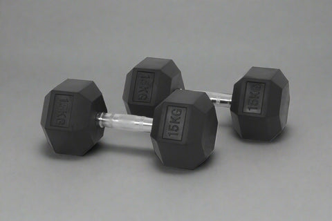 Rubber hex dumbbells set with chrome handle 5kg to 25kg
Hexagonal dumbbells for strength training home and gym
Anti-roll rubber dumbbell set black chrome grip
Home gym hex dumbbells lineup 5kg 10kg 15kg 20kg 25kg
Close-up ergonomic chrome handle on hex dumbbell