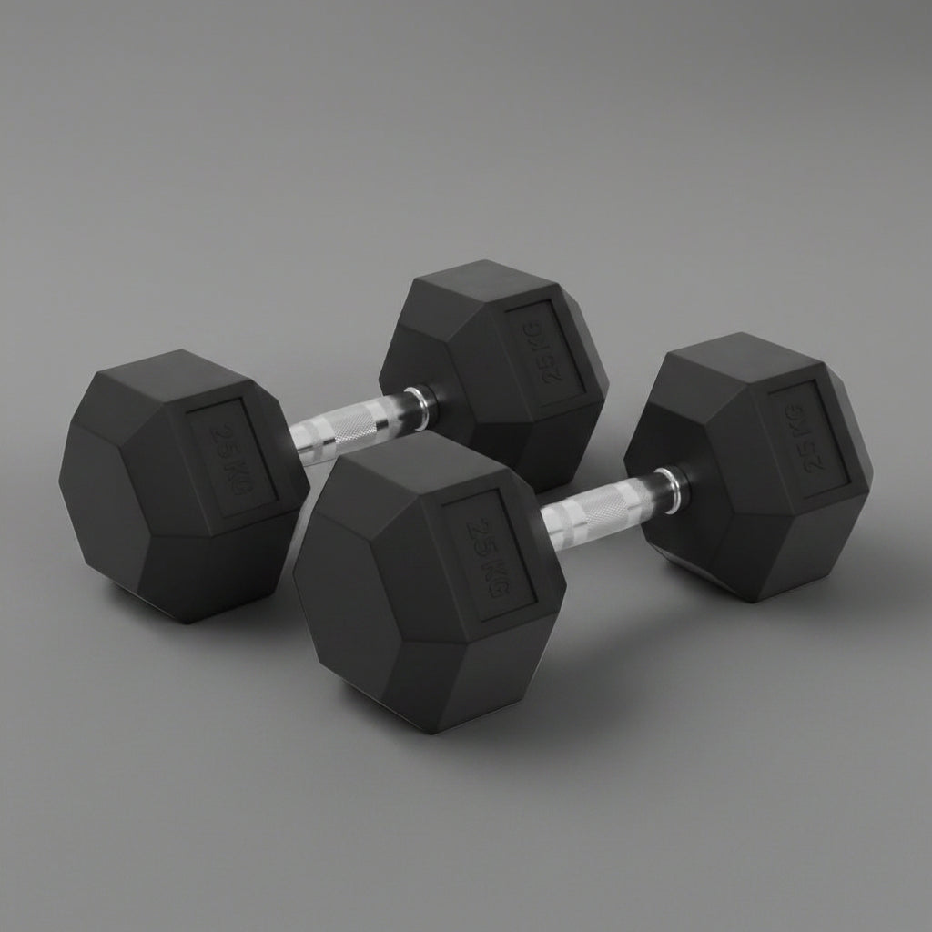 Rubber hex dumbbells set with chrome handle 5kg to 25kg
Hexagonal dumbbells for strength training home and gym
Anti-roll rubber dumbbell set black chrome grip
Home gym hex dumbbells lineup 5kg 10kg 15kg 20kg 25kg
Close-up ergonomic chrome handle on hex dumbbell