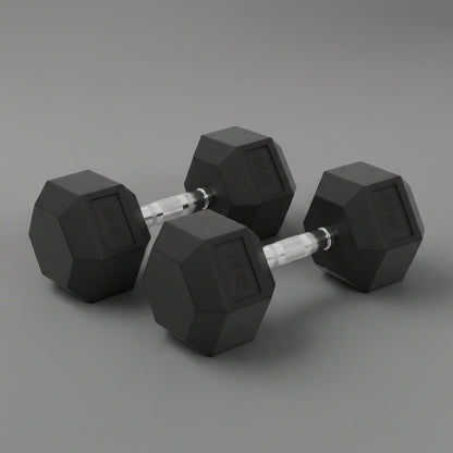 Rubber hex dumbbells set with chrome handle 5kg to 25kg
Hexagonal dumbbells for strength training home and gym
Anti-roll rubber dumbbell set black chrome grip
Home gym hex dumbbells lineup 5kg 10kg 15kg 20kg 25kg
Close-up ergonomic chrome handle on hex dumbbell