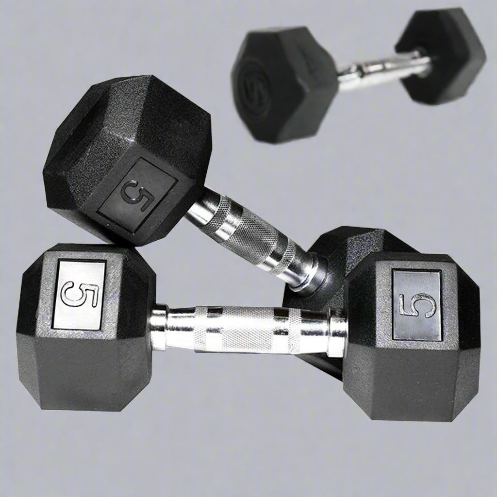 Rubber hex dumbbells set with chrome handle 5kg to 25kg
Hexagonal dumbbells for strength training home and gym
Anti-roll rubber dumbbell set black chrome grip
Home gym hex dumbbells lineup 5kg 10kg 15kg 20kg 25kg
Close-up ergonomic chrome handle on hex dumbbell