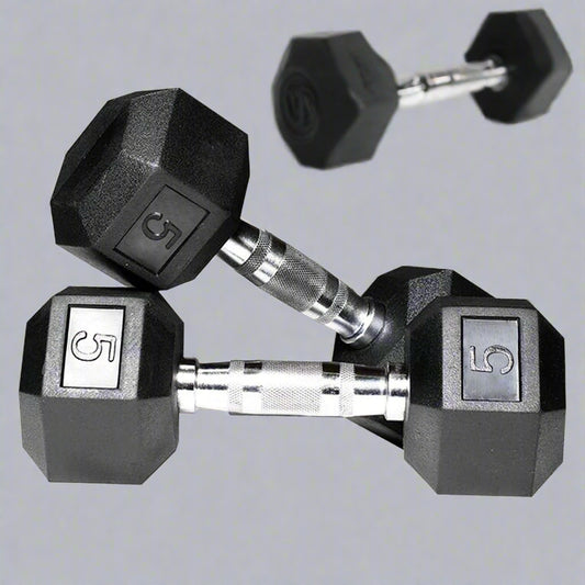 Rubber hex dumbbells set with chrome handle 5kg to 25kg
Hexagonal dumbbells for strength training home and gym
Anti-roll rubber dumbbell set black chrome grip
Home gym hex dumbbells lineup 5kg 10kg 15kg 20kg 25kg
Close-up ergonomic chrome handle on hex dumbbell