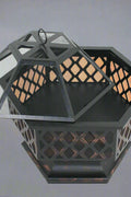 hexagon shaped steel fire pit with flame

outdoor fire pit with mesh spark screen

assembled patio fire pit in garden setup

top-down view of wood burning fire pit

hex shape fire pit with firewood loaded