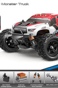 RC truck front view with purple detailing
RC truck side view showing 4WD build
All terrain tires with shock suspension
RC controller and accessories layout
Close-up of motor and battery system
RC truck in action outdoors
