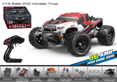 RC truck front view with purple detailing
RC truck side view showing 4WD build
All terrain tires with shock suspension
RC controller and accessories layout
Close-up of motor and battery system
RC truck in action outdoors