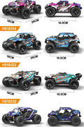RC truck front view with purple detailing
RC truck side view showing 4WD build
All terrain tires with shock suspension
RC controller and accessories layout
Close-up of motor and battery system
RC truck in action outdoors