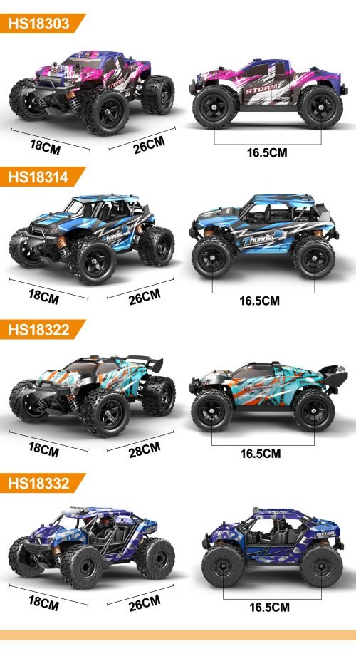 RC truck front view with purple detailing
RC truck side view showing 4WD build
All terrain tires with shock suspension
RC controller and accessories layout
Close-up of motor and battery system
RC truck in action outdoors