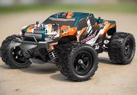 RC truck front view with purple detailing
RC truck side view showing 4WD build
All terrain tires with shock suspension
RC controller and accessories layout
Close-up of motor and battery system
RC truck in action outdoors