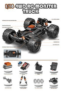 RC truck front view with purple detailing
RC truck side view showing 4WD build
All terrain tires with shock suspension
RC controller and accessories layout
Close-up of motor and battery system
RC truck in action outdoors