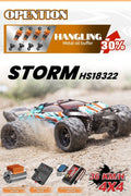RC truck front view with purple detailing
RC truck side view showing 4WD build
All terrain tires with shock suspension
RC controller and accessories layout
Close-up of motor and battery system
RC truck in action outdoors
