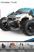 RC truck front view with purple detailing
RC truck side view showing 4WD build
All terrain tires with shock suspension
RC controller and accessories layout
Close-up of motor and battery system
RC truck in action outdoors