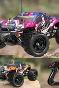 RC truck front view with purple detailing
RC truck side view showing 4WD build
All terrain tires with shock suspension
RC controller and accessories layout
Close-up of motor and battery system
RC truck in action outdoors