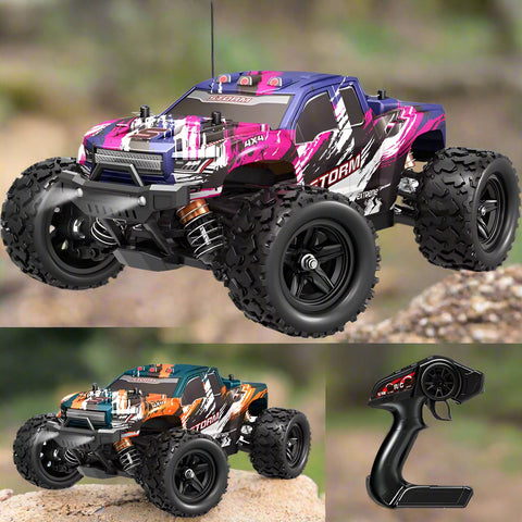 RC truck front view with purple detailing
RC truck side view showing 4WD build
All terrain tires with shock suspension
RC controller and accessories layout
Close-up of motor and battery system
RC truck in action outdoors