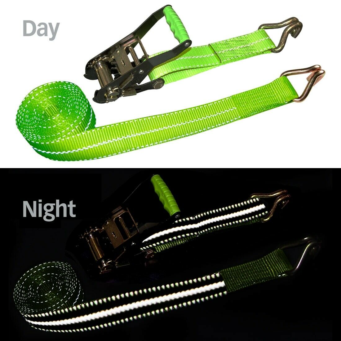 2x15FT Neon Green Ratchet Strap with J-Hooks – Day View

High-Visibility Ratchet Strap – Green Webbing with J-Hooks

Night Reflective Cargo Tie-Down – 2” x 15FT Ratchet Strap

