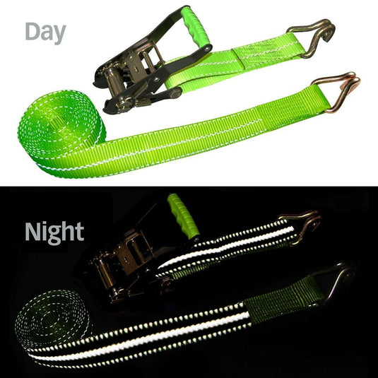 2x15FT Neon Green Ratchet Strap with J-Hooks – Day View

High-Visibility Ratchet Strap – Green Webbing with J-Hooks

Night Reflective Cargo Tie-Down – 2” x 15FT Ratchet Strap

