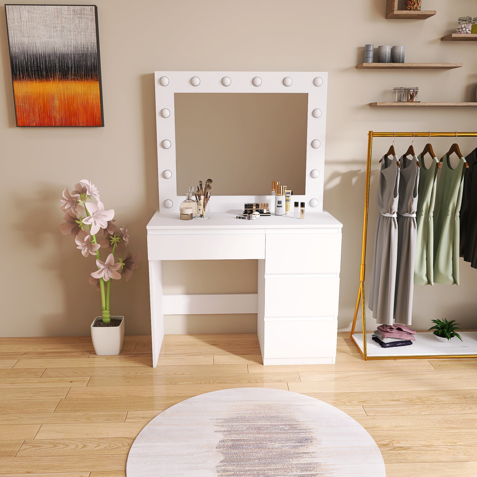 "Hollywood LED Light Mirror Dressing Table in White Finish"

"Black Vanity Dressing Table with LED Lighted Mirror"

"Spacious Drawer Storage in Hollywood Style Dressing Table"

"LED Mirror Close-up with Adjustable Brightness for Makeup"

"Modern White and Black Dressing Table Sets for Bedrooms"