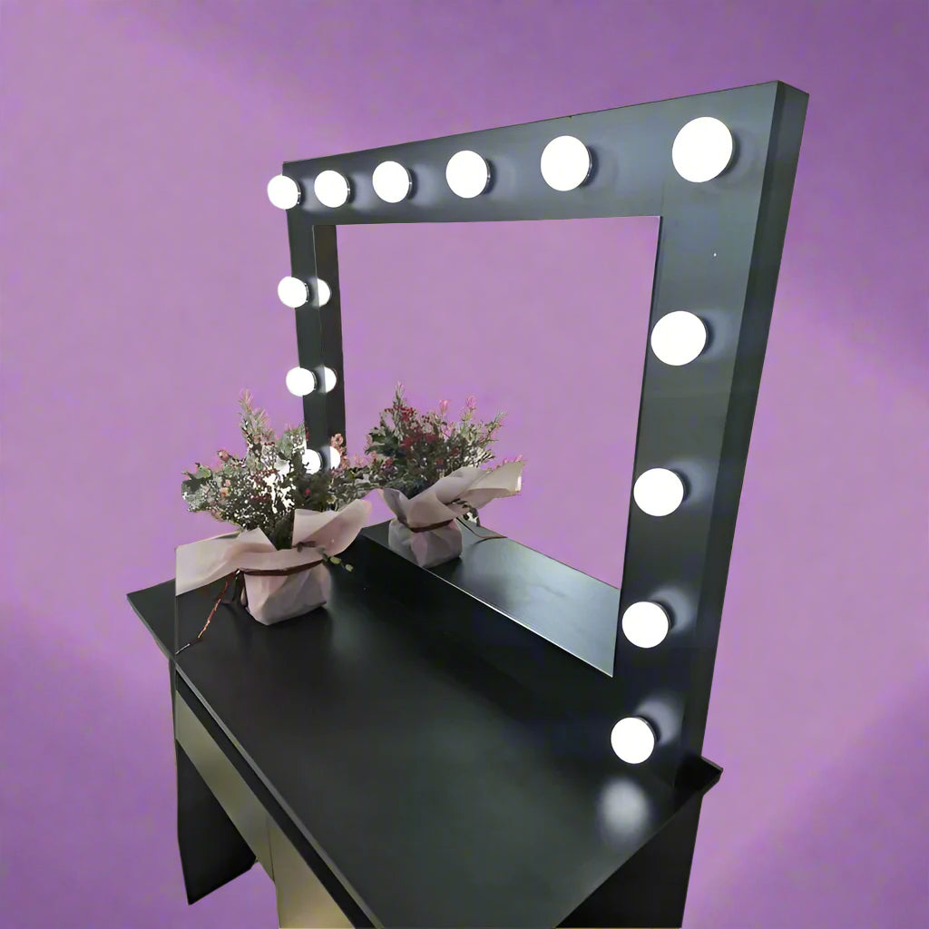 "Hollywood LED Light Mirror Dressing Table in White Finish"

"Black Vanity Dressing Table with LED Lighted Mirror"

"Spacious Drawer Storage in Hollywood Style Dressing Table"

"LED Mirror Close-up with Adjustable Brightness for Makeup"

"Modern White and Black Dressing Table Sets for Bedrooms"