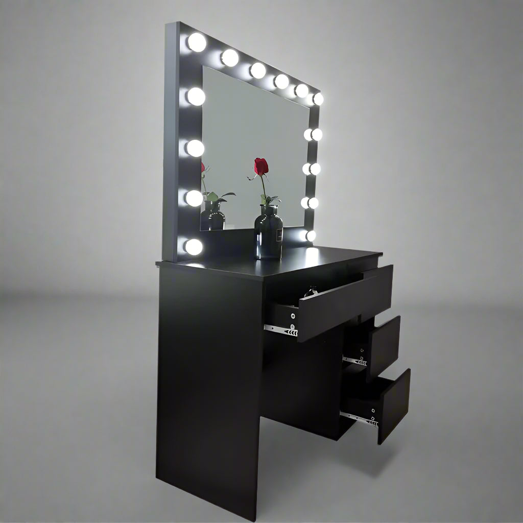 "Hollywood LED Light Mirror Dressing Table in White Finish"

"Black Vanity Dressing Table with LED Lighted Mirror"

"Spacious Drawer Storage in Hollywood Style Dressing Table"

"LED Mirror Close-up with Adjustable Brightness for Makeup"

"Modern White and Black Dressing Table Sets for Bedrooms"