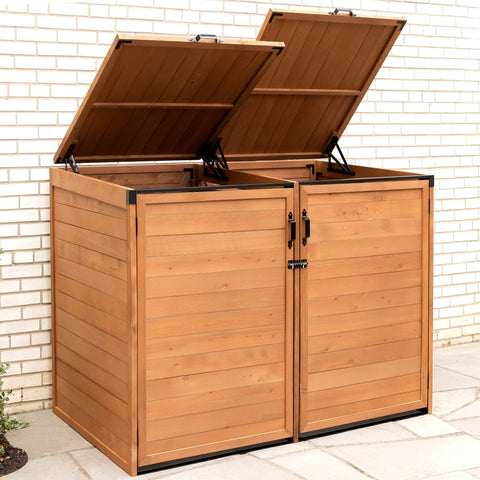 Outdoor Medium Trash & Recycling Storage Shed - Cypress Wood

Garbage Bin Storage Enclosure with Dual Doors and Top Lid

Brown Cypress Wooden Outdoor Garbage Shed for 2 Bins

Weather-Resistant Horizontal Storage Shed for Trash Bins

Durable Wooden Recycling Bin Storage Cabinet for Outdoors